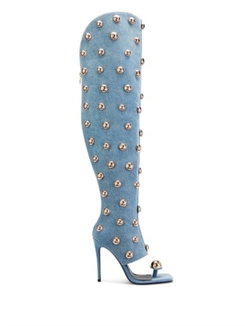IYKYK I Am Jennifer Le Big Gold Studded Over-the-Knee Denim Stiletto Boot